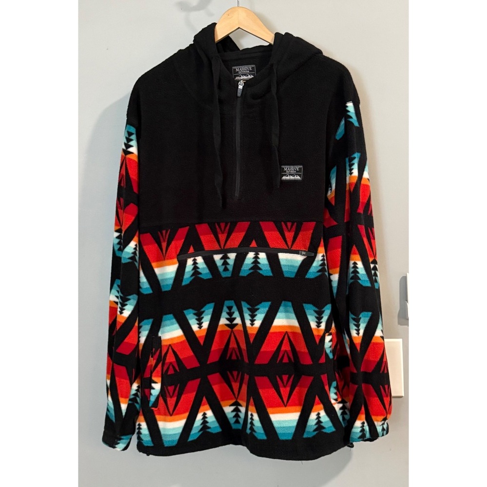 Massive Outdoor Fleece Hoodie Mens XL Black Red Southwestern Aztec Quarter Zip